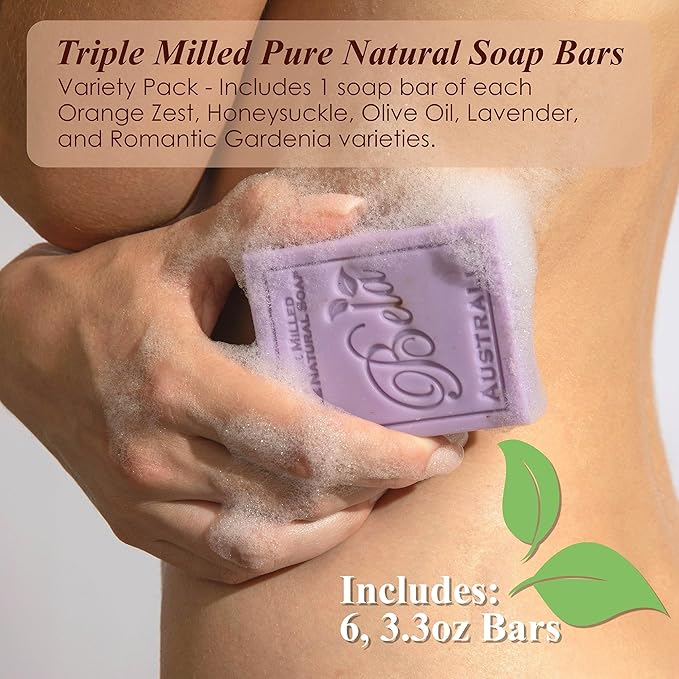 BELA Soap Variety Pack 3.3 OZ, Pack of 6, Long Lasting, French Triple Milled Bar Soap with Organic Shea Butter, Hand, Face and Body Wash Bar Made in Australia