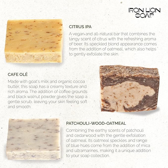 ILS Soap co - What The? Mix (Fruit Farts/Cafe Olé/Citrus I.P.A./Roasted Oats and Honey/Patchouli-Wood-Oatmeal) All Natural Bar Soap for All Skin Types - Cold Process and Handmade in the USA (5 Pack)