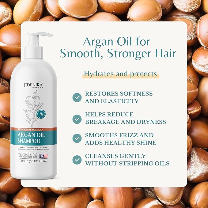 Argan Oil Shampoo with Biotin and Silk Protein, Deep Hair Hydrating & Nourishing, Sulfate-Free, Repairs Dry & Damaged Hair, Adds Shine & Detangles, 16 fl oz