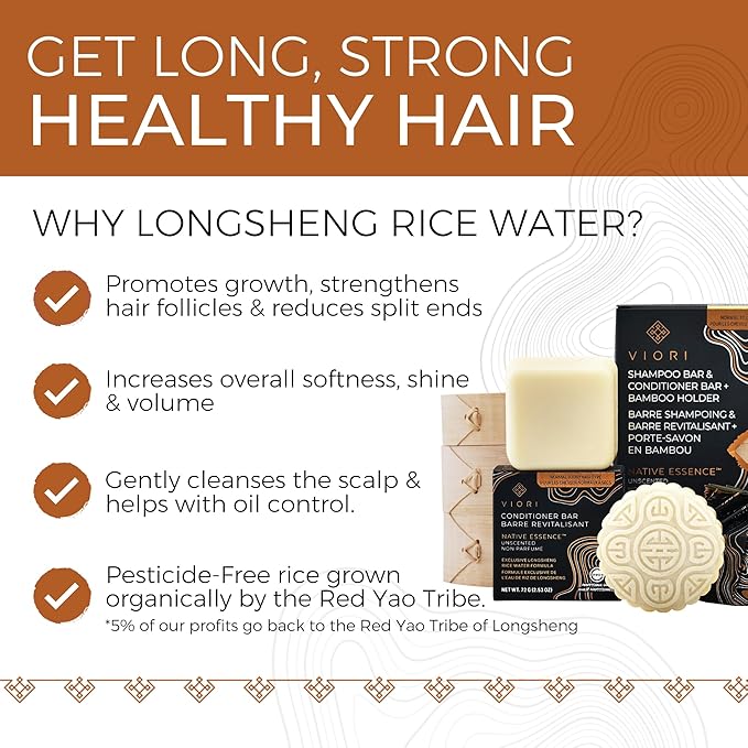 VIORI Native Essence Shampoo and Conditioner Bar Set and Bamboo Holder - Made with Rice Water for Hair Growth - Handcrafted Sulfate Free Shampoo and Conditioner