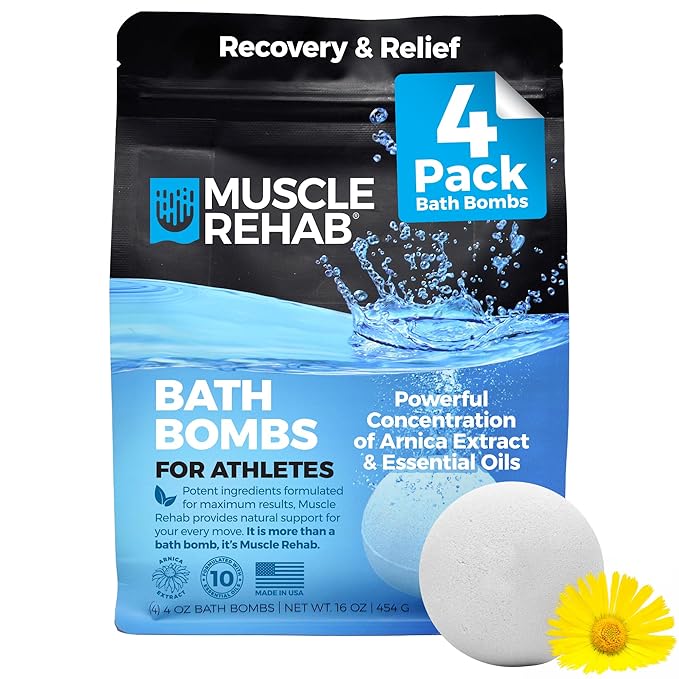 Epsom Salt Bath Bombs with Arnica: Muscle Recovery Bath Soak for Pain & Tension with Turmeric,Clary Sage, Eucalyptus| Magnesium Bath Bombs| Transdermal Bath Soak for Muscle Pain, Muscle Rehab 4 Pack