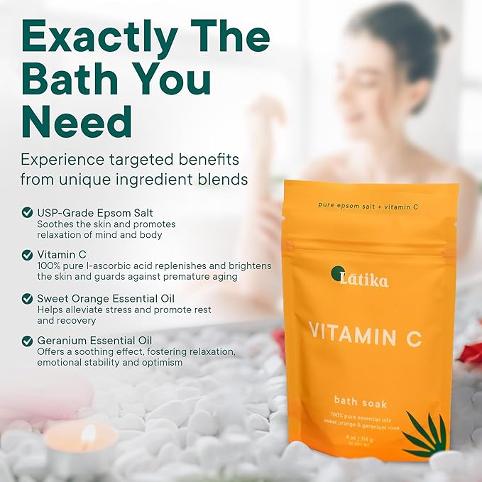 Soaks Set of 3 - Vitamin C Bath Soaks with Sweet Orange and Geranium Rose - Moisturizing Epsom Salt Soaks for Stress Relief, Detox, and Antioxidant Skincare - at Home Spa Retreat