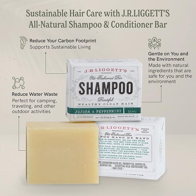 J.R.LIGGET'S Jojoba & Peppermint Formula Conditioner Bar + Two Shampoo Bars, All-Natural for Hair Clean, Soft, Tangle-Free, 8.75 Ounce, Hair Care, 3.5 ounces each