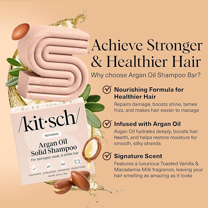 Kitsch Argan Oil Shampoo Bar - Repairing Solid Hair Shampoo for Women and Men - Strengthening, Moisturizing Hair Care - Silicone, Paraben & Sulfate Free, Vegan, Made in USA - 3.2 oz