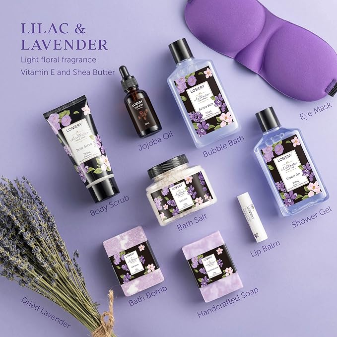 Birthday Gift Basket, Lavender & Lilac Spa Gift Basket For Women & Men - Handmade Soap, Potpourri, Bath Bomb, Jojoba Oil, Organic Lip Balm & More - Stress Relief Set, Bath & Body Self Care Package