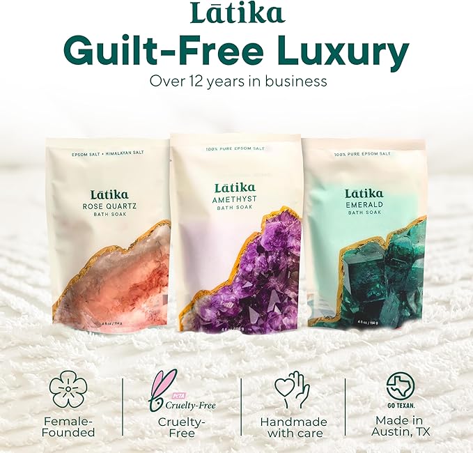 Geode-Inspired Bath Soak Set of 3 - Amethyst, Rose Quartz & Emerald with Essential Oils & Epsom Salt - Sandalwood, Lavender, Sage & Eucalyptus for Stress Relief, Muscle Recovery & Skin Care