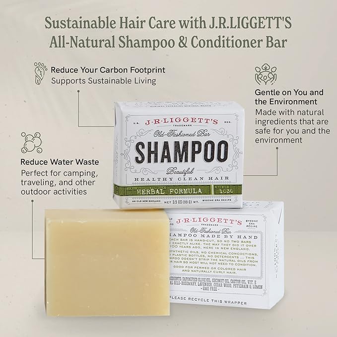 J.R.LIGGETT’S New Conditioner Bar 1.75oz + Two Herbal Formula Shampoo Bars 3.5oz Bundle | Natural Plant-Based Ingredients Leaves Hair Clean, Tangle-Free | Eco-Friendly, Biodegradable, Recyclable | USA