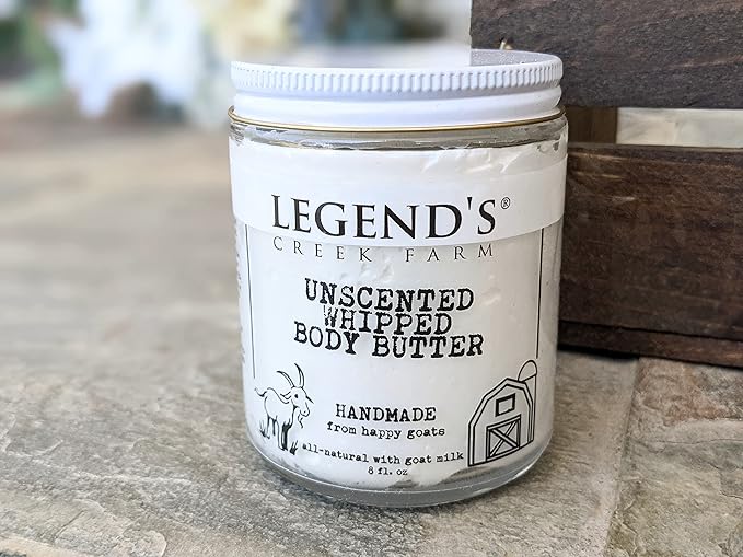 Legend's Creek Farm, Goat Milk Body Butter - Hydrating Natural Body Moisturizer with Organic Shea Butter & Grape Seed Oil - 8 Oz Purifying & Toning Whipped Body Butter (Unscented)