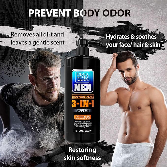 Dead Sea Collection Mens Body Wash 3 in 1 – Citrus Body Wash for Men – Shower Gel – Shampoo – Shower Soap for Face and Hair – Pack of 2 Bottles (33.8 Fl. Oz. Each)