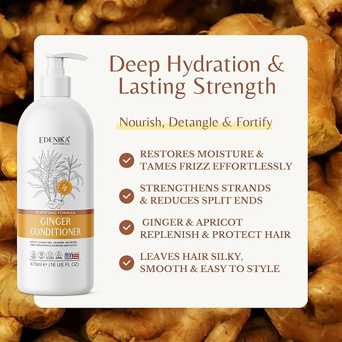 Ginger Conditioner with Apricot, Pumpkin Seed & Grapeseed, 16 fl oz, Fortifying & Nourishing Formula, Vegan, Sulfate-Free, Paraben-Free, for All Hair Types