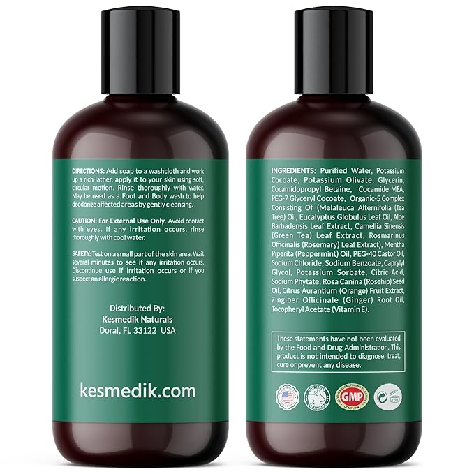 Tea Tree Oil Foot & Body Soap for Deep Cleansing, Anti Itch Body Wash, Fights Body Odor, Soothes Jock Itch, Athlete's Foot, Ringworm & Acne-Prone Skin, 2-Pack