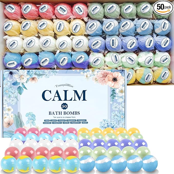 TranquilBliss Bath Bombs Set 50 PCS with 10 Rich Scents, Bath Bombs for Women, Natural Bubble Bombs with Shea Butter & Safe Oil, Ideal for Christmas, Birthday, Valentine's Day Mother's Day Present