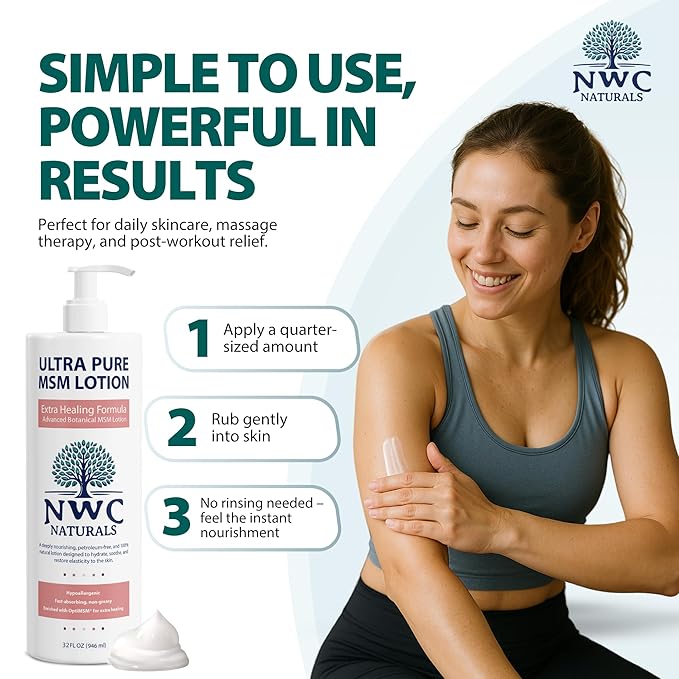 NWC Naturals Ultra-Pure MSM Lotion, All Natural, Hypoallergenic, Extra-Healing, Nourishing Body Lotion 32 Ounces