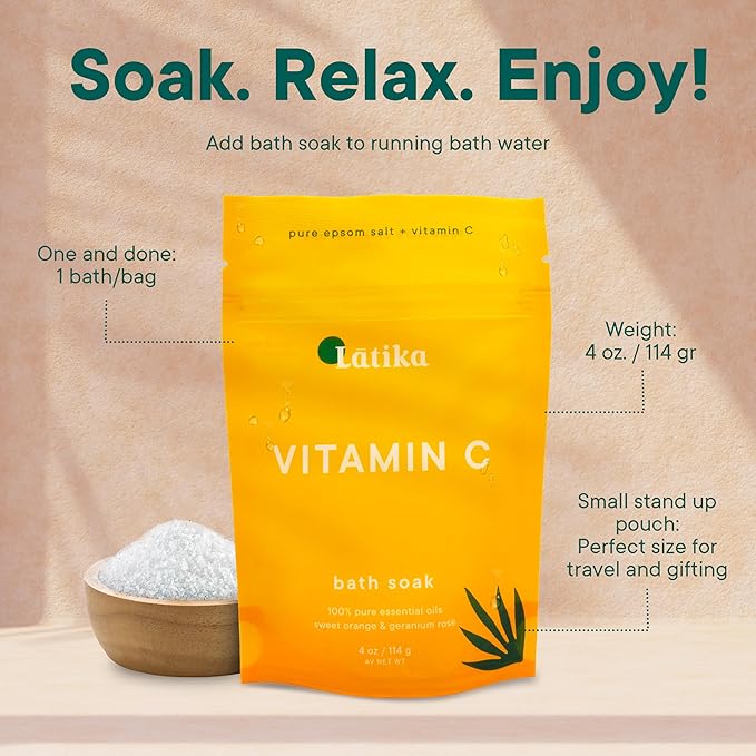 Soaks Set of 3 - Vitamin C Bath Soaks with Sweet Orange and Geranium Rose - Moisturizing Epsom Salt Soaks for Stress Relief, Detox, and Antioxidant Skincare - at Home Spa Retreat