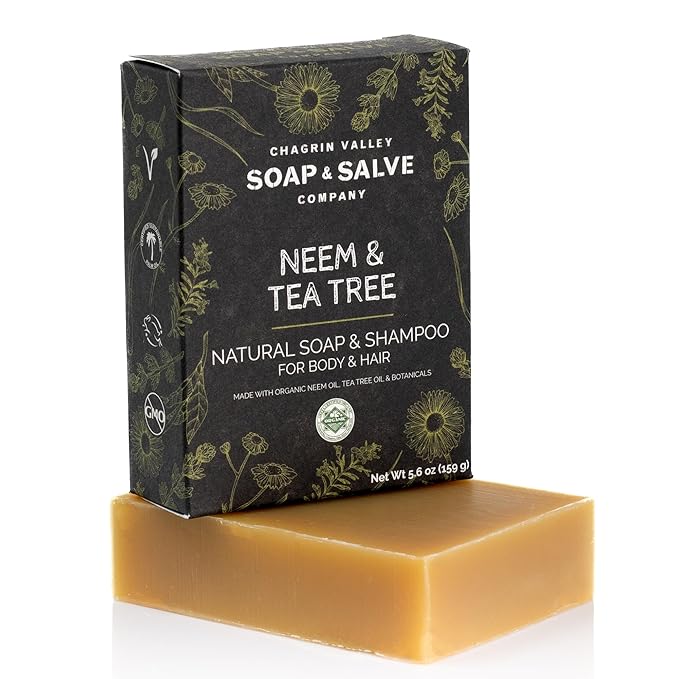 Chagrin Valley Soap & Salve Neem & Tea Tree Organic Soap & Shampoo Bar – Soothe Dry, Itchy, Irritated Skin - Sulfate Free Shampoo For Body & Hair Vegan Shampoo Natural, Large 5.6 oz Bar Shampoo