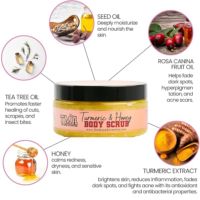 Turmeric Honey Body Scrub 8oz – Exfoliating Scrub for Dark Spots, Hyperpigmentation & Ingrown Hairs – Natural Brightening Face & Body Scrub with Tea Tree & Neem