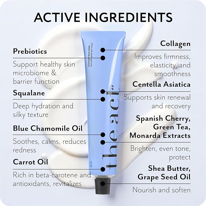 The Act Overnight Face Cream with Collagen & Prebiotics – Vegan Organic Anti-Aging Night Moisturizer for Men & Women - Deep Hydration, Barrier Repair, Sensitive & Mature Skin, 2 Fl Oz