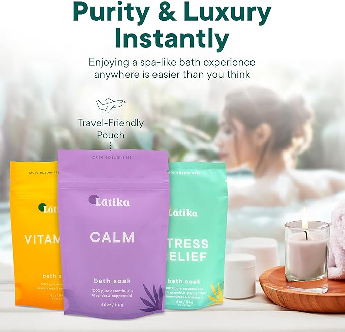 Soaks Set of 3 – Rejuvenate, Calm & Stress Relief Bath Soak with Essential Oils | Epsom Salt for Muscle Recovery & Skin Nourishment | Vitamin C, Lavender Mint, Grapefruit & More