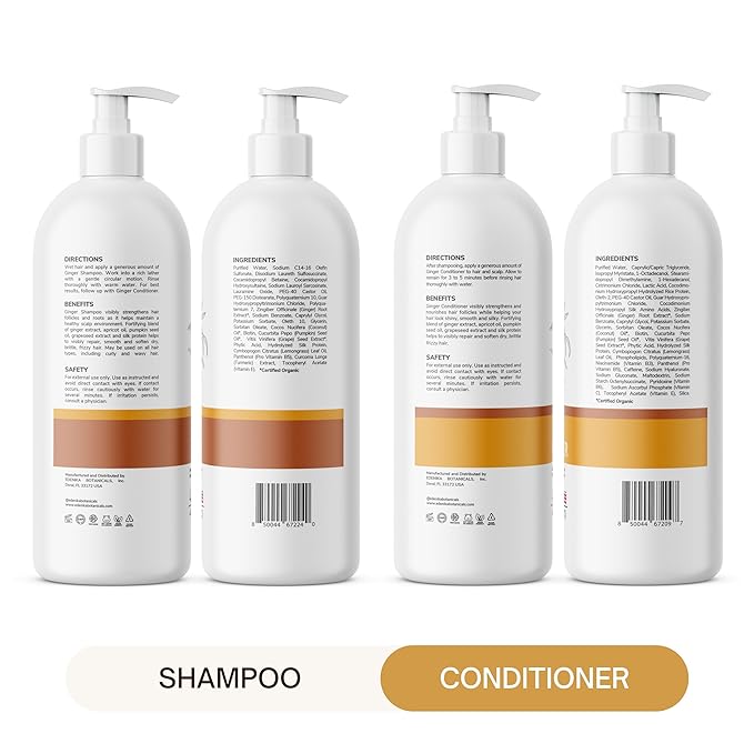 Ginger Shampoo and Conditioner Set, Fortifying Formula with Certified and Organic Ingredients Naturally Nourish, Smooth and Detangle Hair 16oz Each