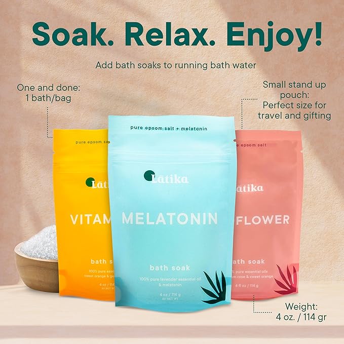 Soaks Set of 3 - Wildflower, Melatonin, Vitamin C - Moisturizing Bath Soak with Epsom Salt & Essential Oils for Stress Relief, Muscle Recovery, & Relaxation - at-Home Spa