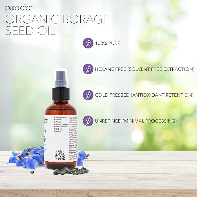 PURA D'OR Organic Borage Seed Oil (4oz / 118mL) 100% Pure USDA Certified Premium Grade Natural Moisturizer, Cold Pressed, Unrefined, Hexane-Free Base Carrier Oil for DIY Skin Care For Men & Women