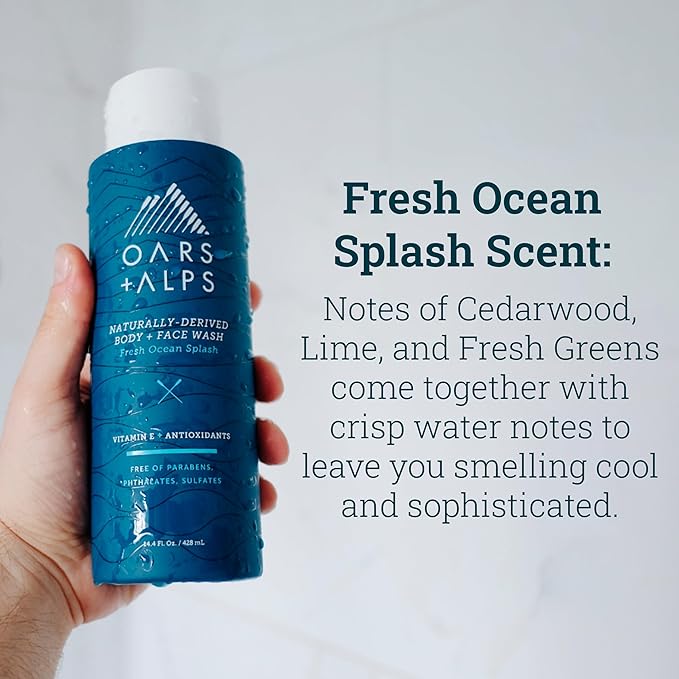 Oars + Alps Body Wash for Men, Mens Body Wash with Vitamin E and Antioxidants, Moisturizing, Hydrating, Paraben & Sulfate Free Cleanser, Fresh Ocean Splash, 2pk