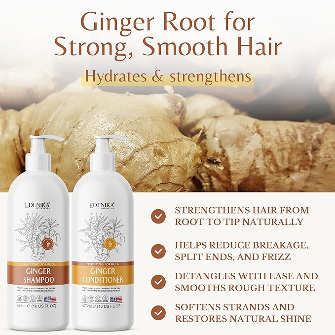 Ginger Shampoo and Conditioner Set, Fortifying Formula with Certified and Organic Ingredients Naturally Nourish, Smooth and Detangle Hair 16oz Each