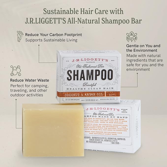 J·R·LIGGETT'S All-Natural Shampoo Bar, Virgin Coconut and Argan Oil - Strong and Healthy Hair-Nourish Follicles with Antioxidants and Vitamins-Detergent and Sulfate-Free, Set of Three, 3.5 Ounce Bars