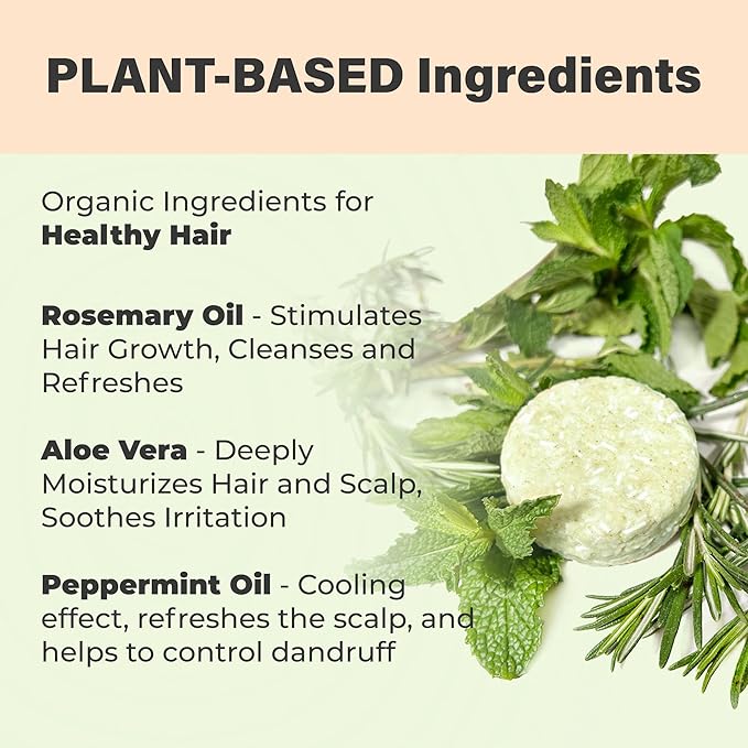 Organic Rosemary and Aloe Vera Solid Shampoo Bar for Hair Growth, Refreshing and Hydrating | Herbal Shampoo with Rosemary, Peppermint, Castor Oil, Argan Oil, and Betaine | USA (2.5 Ounce (Pack of 1))