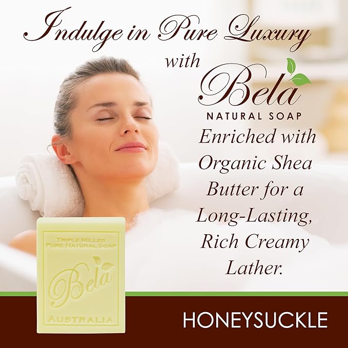 BELA Pure Natural Soap - Honeysuckle Scent - 3.3 oz Pack of 6, Long Lasting Triple Milled French Soap Enriched with Organic Shea Butter, Rich Creamy Lather, Made in Australia