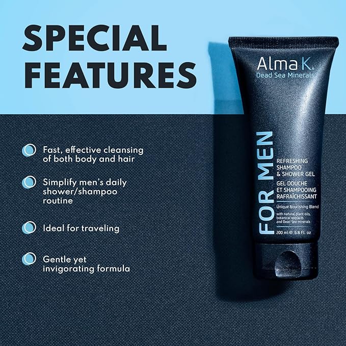 ALMA K Refreshing Shampoo and Shower Gel - 2 in 1 Mens Body Wash and Clarifying Shampoo - Antioxidant-Rich with Argan Oil, Dead Sea Minerals - 6.8 oz