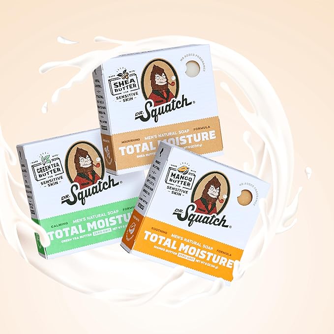 Dr. Squatch NEW Total Moisture Bar Soap for Men - No Added Fragrance Formulated for Sensitive Skin - Shea Butter, Mango Butter & Green Tea Butter (5 oz, 6-pack)