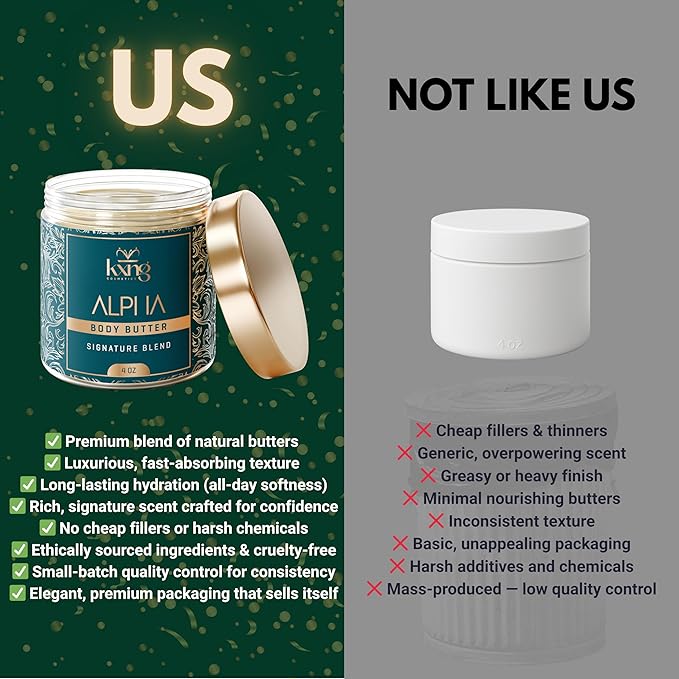 KXNG Cosmetics, Body Butter, Organic Skin Care for Men and Women, Body Moisturizer Lotions and Creams, Raw Shea Butter, Cocoa Butter, Mango, Coconut Oil, Hand, Foot, All Skin Types (Alpha)