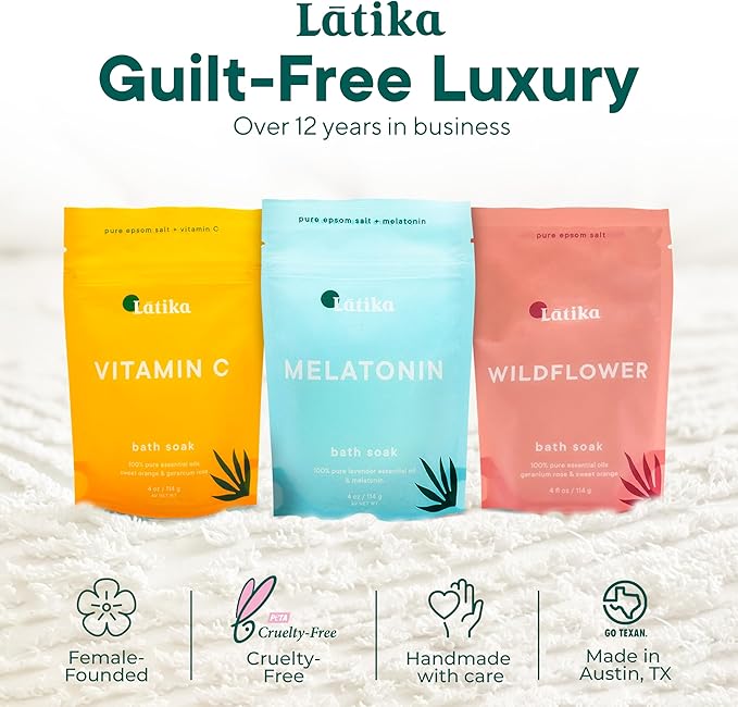 Soaks Set of 3 - Wildflower, Melatonin, Vitamin C - Moisturizing Bath Soak with Epsom Salt & Essential Oils for Stress Relief, Muscle Recovery, & Relaxation - at-Home Spa