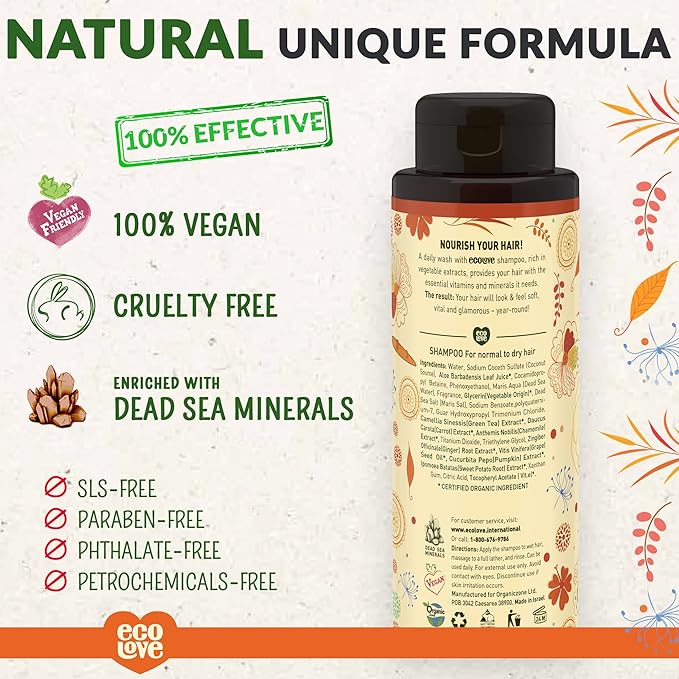 ecoLove - Natural Shampoo, Sodium lauryl sulfate Free, Vegan & Cruelty Free, Natural Dry Shampoo for Women, Organic Carrot and Pumpkin, No SLS or Parabens, 17.6 oz