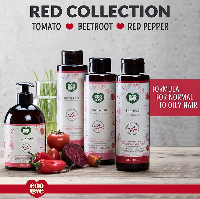 ecoLove - Natural Shampoo for Normal and Oily Hair, Sodium lauryl sulfate Free, Vegan & Cruelty Free Shampoo, Organic Tomato and Beet Extract, No SLS or Parabens, 17.6 oz