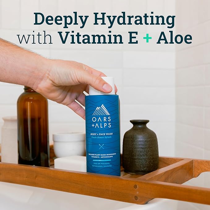 Oars + Alps Body Wash for Men, Mens Body Wash with Vitamin E and Antioxidants, Moisturizing, Hydrating, Paraben & Sulfate Free Cleanser, Fresh Ocean Splash, 2pk