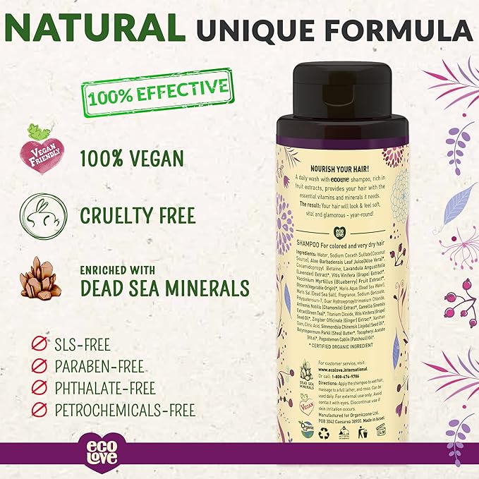 ecoLove - Natural Shampoo, Sodium lauryl sulfate Free, Vegan & Cruelty Free Shampoo for Color Treated Hair, Very Dry & Damaged Hair, Organic Lavender shampoo, No SLS or Parabens, 17.6 oz