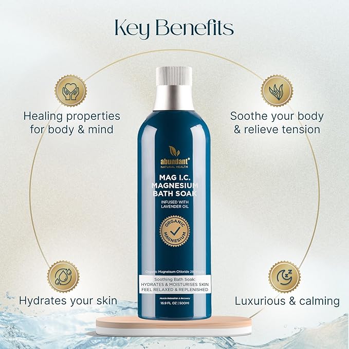 MAG I.C. Magnesium Bath Soak Infused with Lavender Oil to Hydrate, Soothe and Moisturize Skin, Relax and Replenish Muscles, Highly Concentrated Pure Magnesium Salts, 500mL
