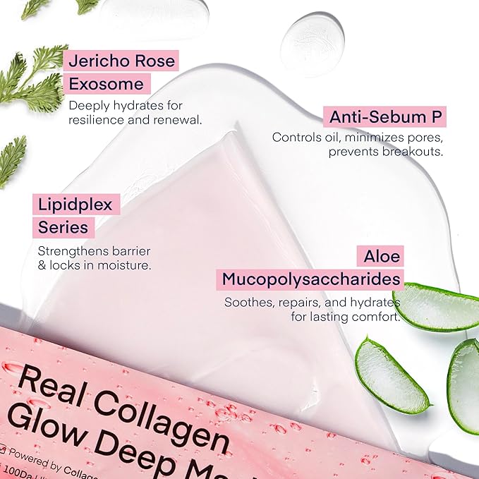 Terez & Honor Collagen Face Mask Overnight - 8 ea x 33g 100 Dalton Ultra Low Bio Collagen Gel Mask for Glass Glow Skin, Deep Hydration, Wrinkle, Fine Lines, Pore, Elasticity & Firming, Korean Skincare