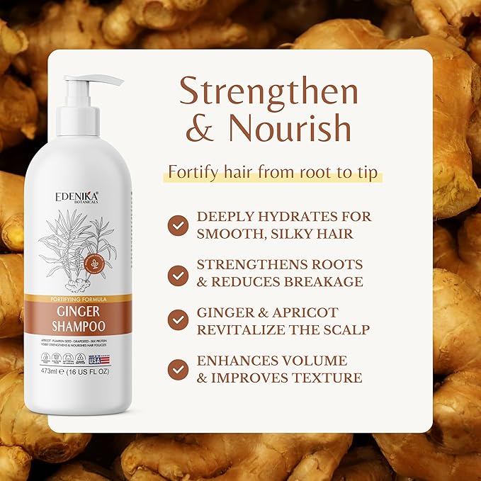 Ginger Shampoo with Biotin, Fortifying Formula, Promoting Hair Regrowth, Strengthening & Nourishing Scalp and Follicles, Restoring Softness and Shine, Paraben-Free, 16 fl oz
