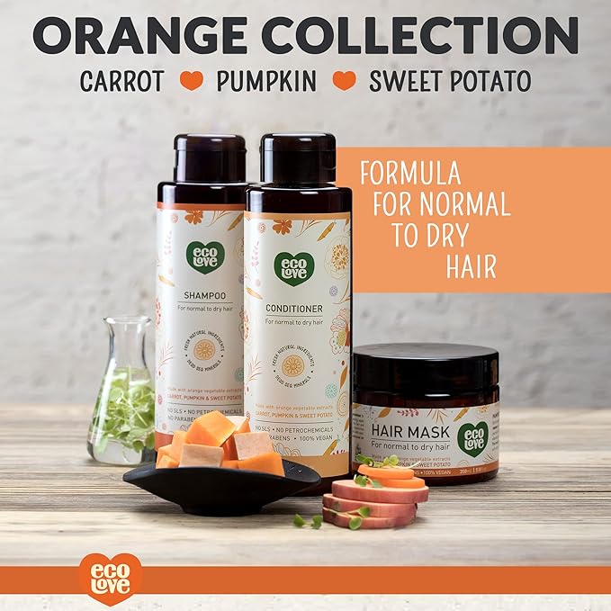 ecoLove - Natural Shampoo, Sodium lauryl sulfate Free, Vegan & Cruelty Free, Natural Dry Shampoo for Women, Organic Carrot and Pumpkin, No SLS or Parabens, 17.6 oz