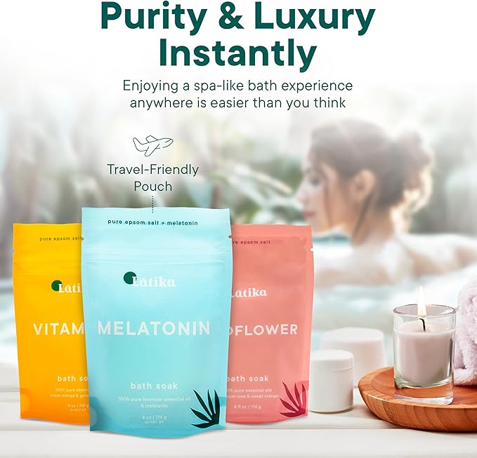 Soaks Set of 3 - Wildflower, Melatonin, Vitamin C - Moisturizing Bath Soak with Epsom Salt & Essential Oils for Stress Relief, Muscle Recovery, & Relaxation - at-Home Spa