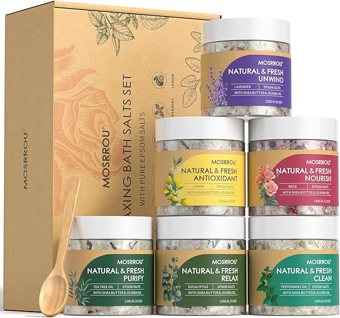 Epsom Bath Salts for Women Relaxing 6PCS Bath Salts Gift Set for Mom with Essential Oils for Bath Gifts on Birthday Mother's Day Christmas Lavender Eucalyptus Rose Lemon Tea Tree Peppermint