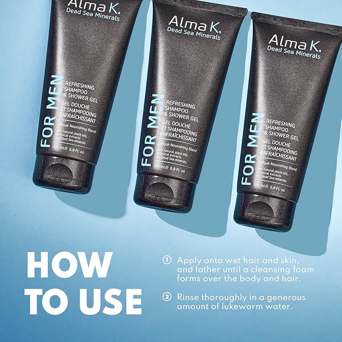 ALMA K Refreshing Shampoo and Shower Gel - 2 in 1 Mens Body Wash and Clarifying Shampoo - Antioxidant-Rich with Argan Oil, Dead Sea Minerals - 6.8 oz
