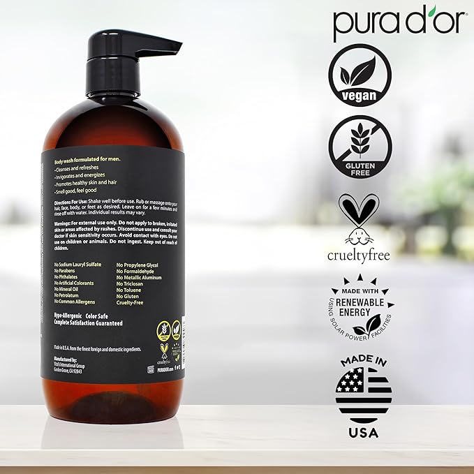 PURA D'OR 24 Oz 8-in-1 Hair & Body Cleanser For Men – Sulfate-Free, Multi-Use Wash for Hair, Face, Beard & Body, with Organic Aloe Vera, Cedarwood & Lemongrass, Energizing & Deodorizing Formula