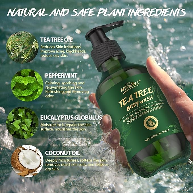 Tea Tree Oil Body Wash Natural Organic Mint Eucalyptus Coconut Oil Shower Gel for Men Women Soothes Irritation Moisturizes Dry Helps Back Acne Athletes Foot Body Odors Parabens Free Sulfate Free