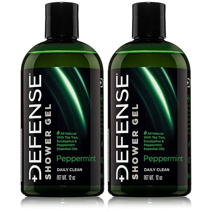 Defense Soap Organic Peppermint Body Wash | All Natural Mint Shower Gel with Tea Tree Oil, Eucalyptus Oil. Wrestling Inspired, For All Mens & Womens Skin Types. 12 oz (Pack of 2)