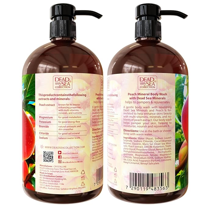 Dead Sea Collection Peach Body Wash for Women and Men - with Pure Dead Sea Minerals and Peach Extract - Cleanses and Moisturizes Skin - Pack of 2 (67.6 fl. oz)