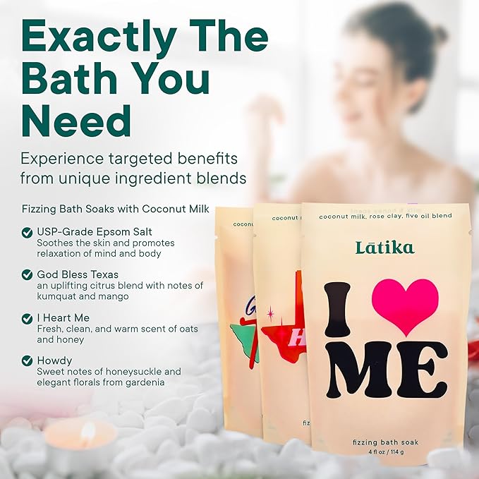 Bath Soaks Set of 3 - Texas, Howdy, I Heart Me - Moisturizing Fizzing Bath Soak for Stress Relief & Muscle Recovery with Essential Oils, Epsom Salt & Natural Scents - Self-Care Spa Gift